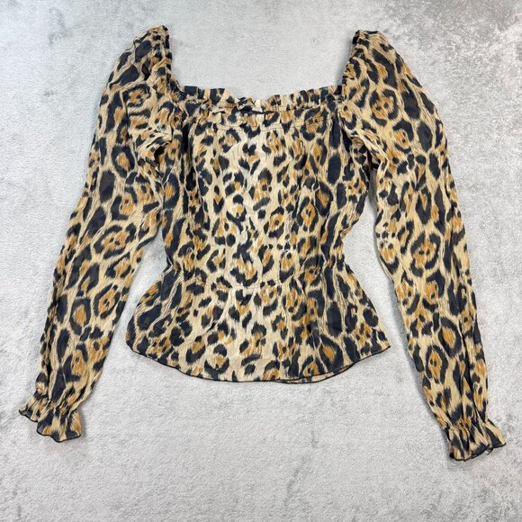 Vintage Leopard Print Silk Sheer Womens Cheetah Blouse Y2K Ruffled Cuffs XS - Picture 3 of 9